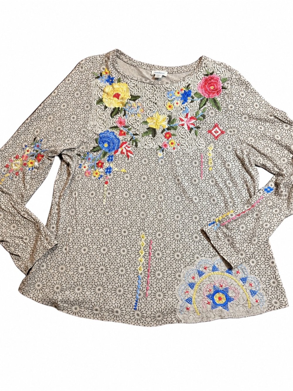 Sundance Floral Embroidered Crochet Lace Long Sleeve Printed Boho Top XL